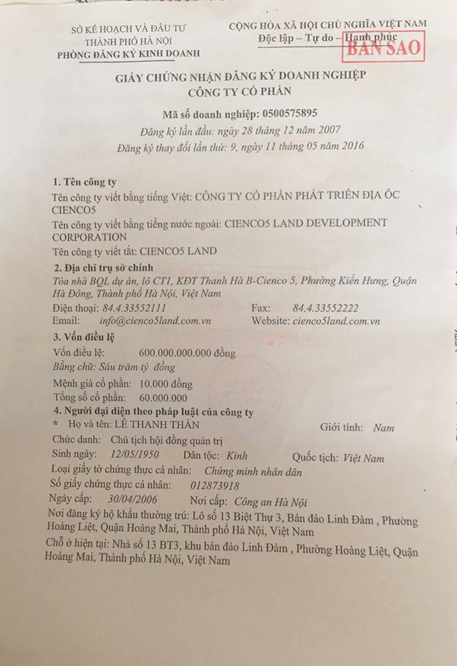 giấy chứng nhận kinh doanh dự án thanh hà