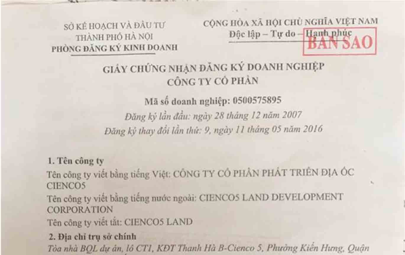 giấy chứng nhận kinh doanh dự án thanh hà