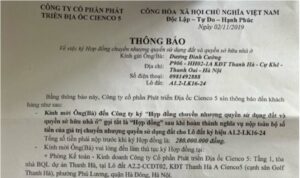 thông báo đóng tiền liền kề biệt thự thanh hà