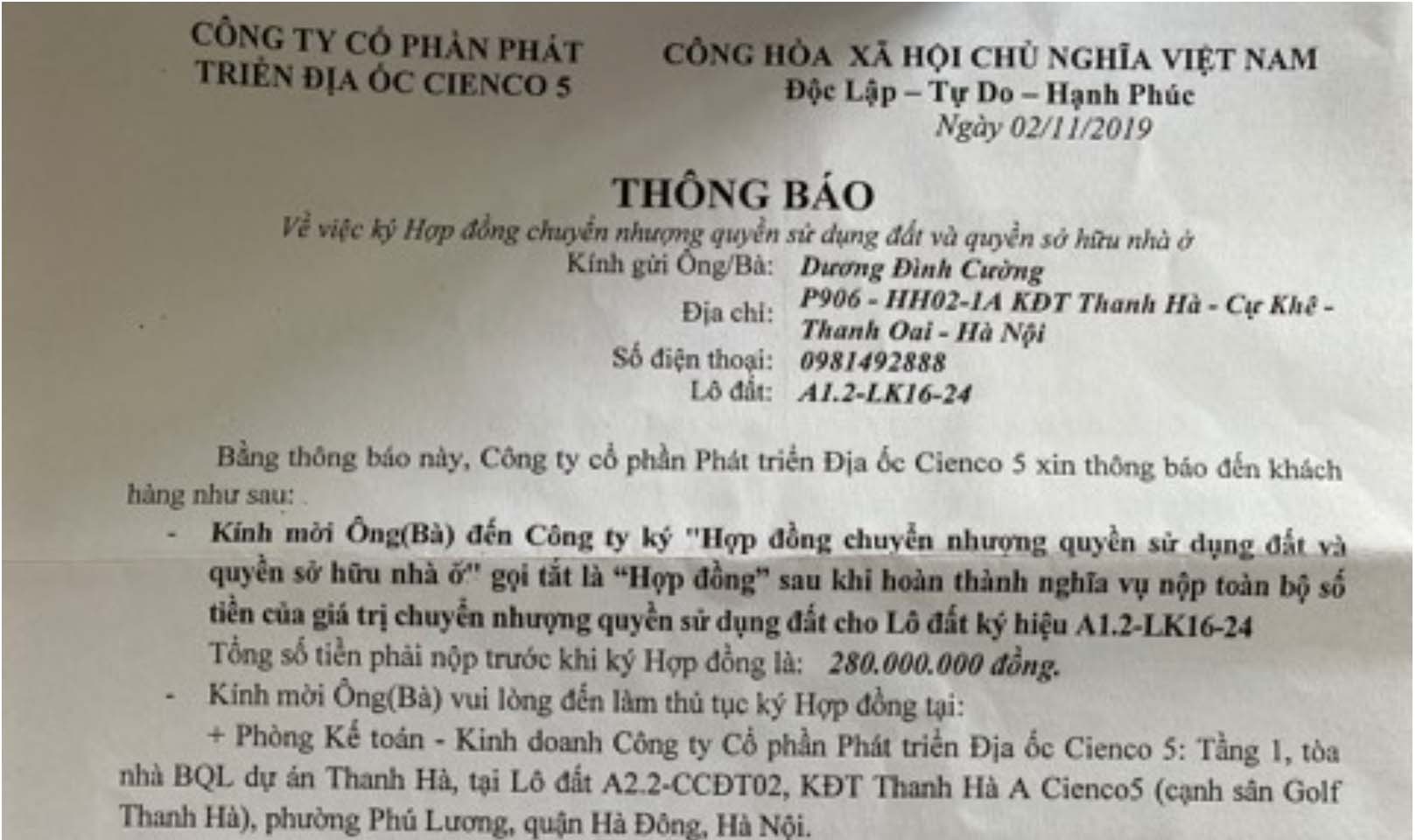 thông báo đóng tiền liền kề biệt thự thanh hà