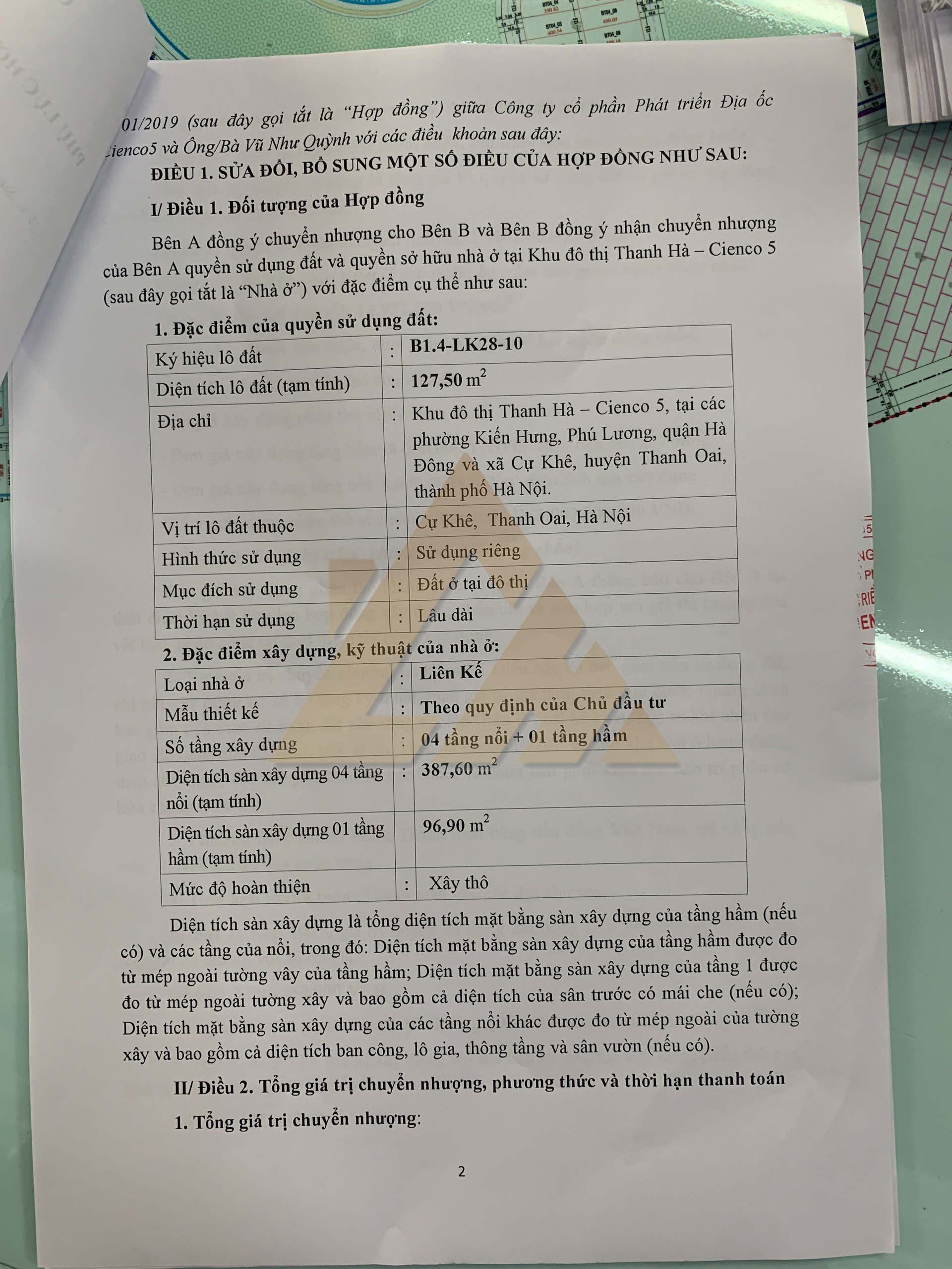 phụ lục hợp đồng liền kề thanh hà