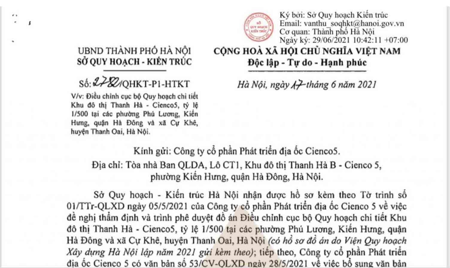 điều chỉnh quy hoạch khu đô thị Thanh Hà