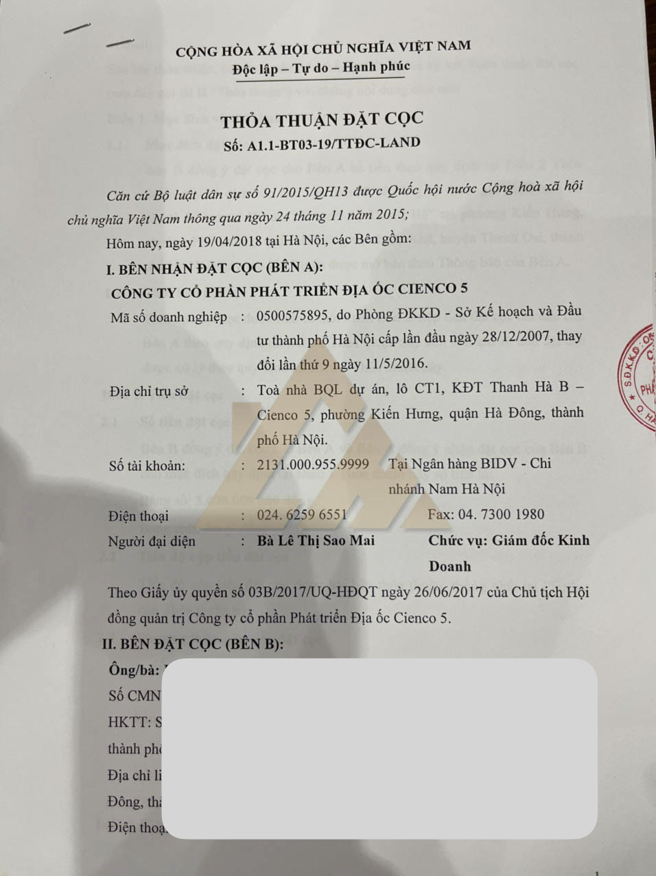 hợp đồng thoả thuận đặt cọc