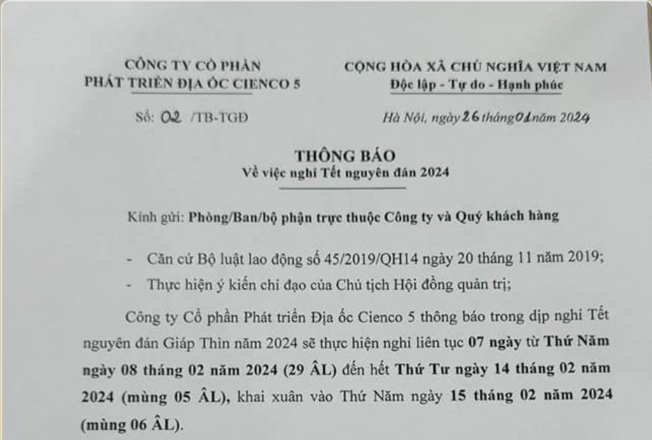 thông báo về nghỉ tết