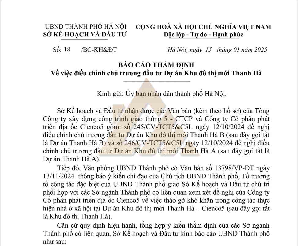 điều chỉnh chủ trương đầu tư khu đô thị thanh hà